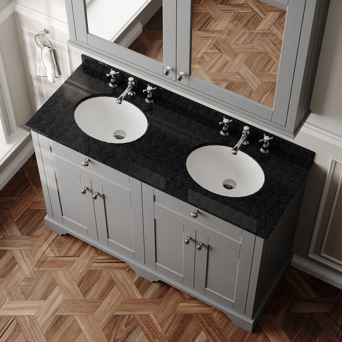 Old London 1200mm Storm Grey 4 Door Floor Standing Cabinet With 6 Tap Holes Twin Black Marble Basin