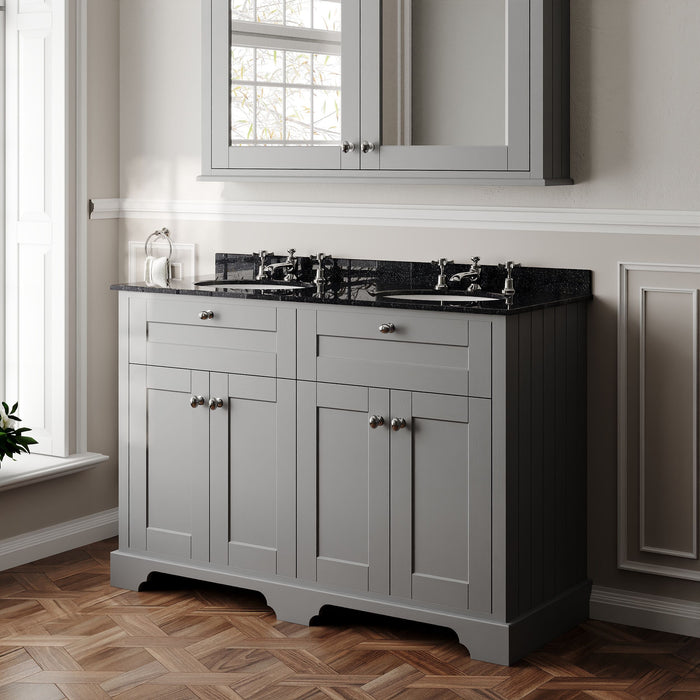 Old London 1200mm Storm Grey 4 Door Floor Standing Cabinet With 6 Tap Holes Twin Black Marble Basin