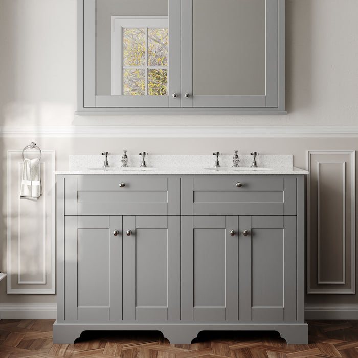Old London 1200mm Storm Grey 4 Door Floor Standing Cabinet With 6 Tap Holes Twin White Marble Basin