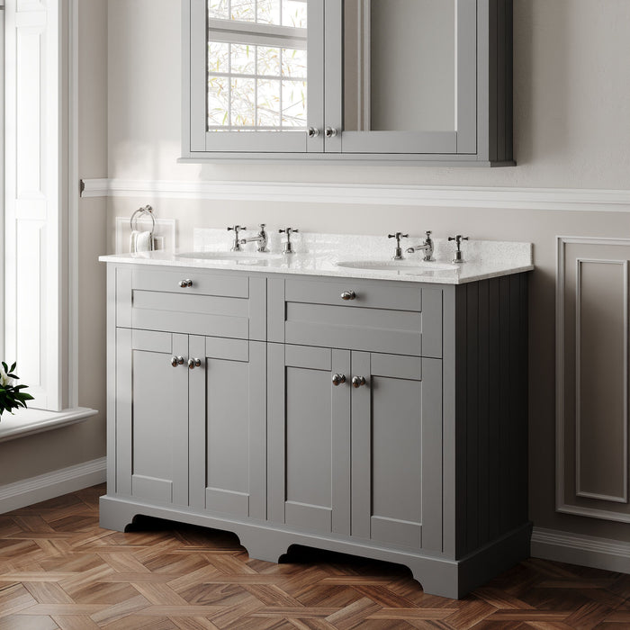 Old London 1200mm Storm Grey 4 Door Floor Standing Cabinet With 6 Tap Holes Twin White Marble Basin