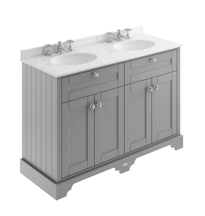 Old London 1200mm Storm Grey 4 Door Floor Standing Cabinet With 3 Tap Holes Twin Grey Marble Basin