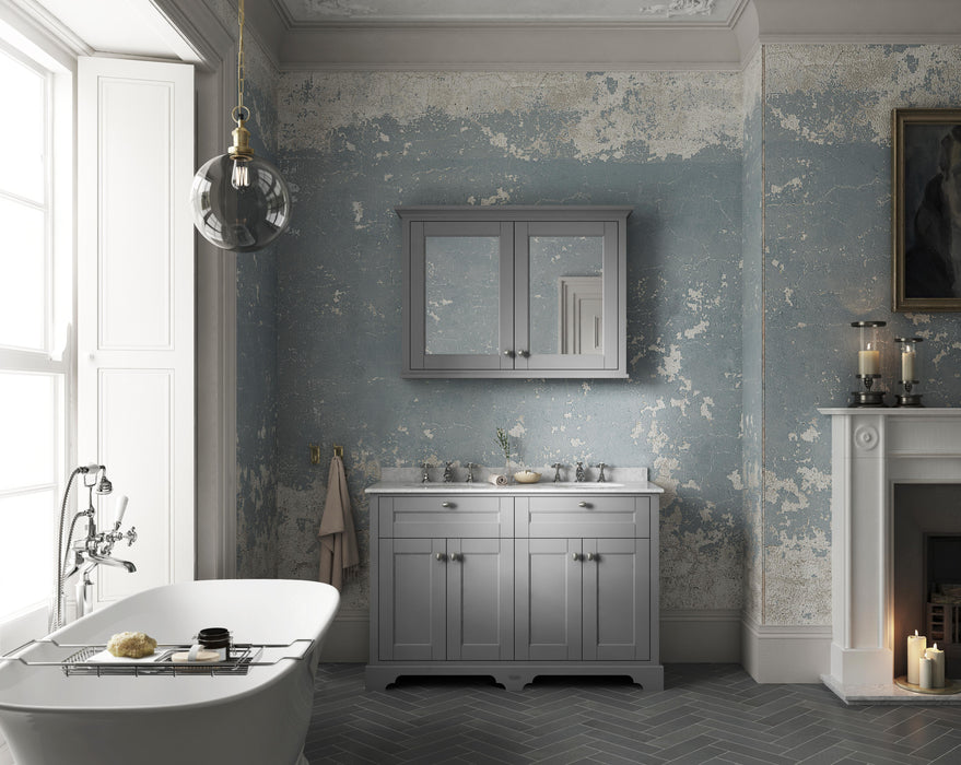 Old London 1200mm Storm Grey 4 Door Floor Standing Cabinet With 3 Tap Holes Twin Grey Marble Basin