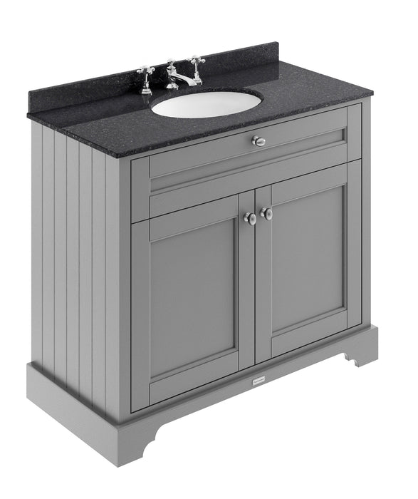 Old London 1000mm Storm Grey 2 Door Floor Standing Cabinet With 3 Tap Holes Marble Basin