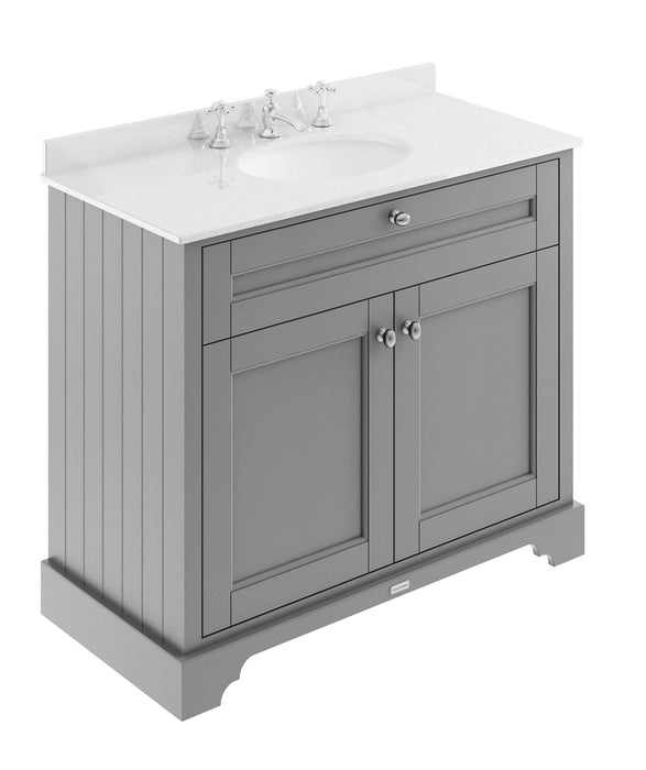 Old London 1000mm Storm Grey 2 Door Floor Standing Cabinet With 3 Tap Holes Marble Basin
