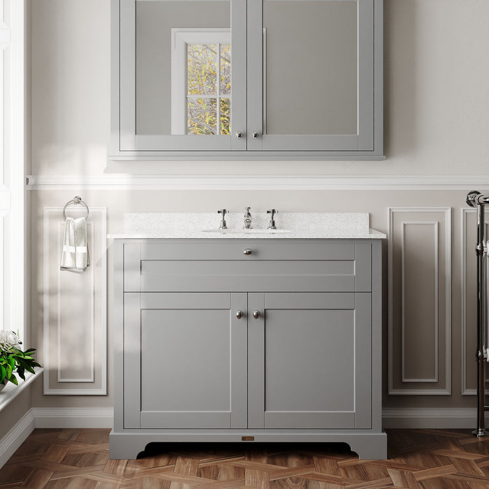 Old London 1000mm Storm Grey 2 Door Floor Standing Cabinet With 3 Tap Holes Marble Basin