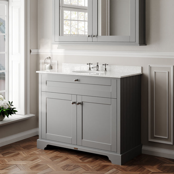 Old London 1000mm Storm Grey 2 Door Floor Standing Cabinet With 3 Tap Holes Marble Basin