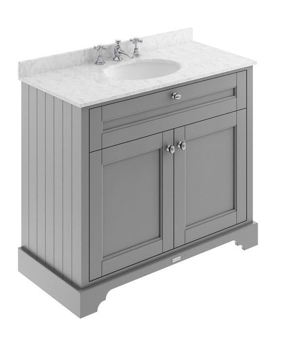 Old London 1000mm Storm Grey 2 Door Floor Standing Cabinet With 3 Tap Holes Marble Basin