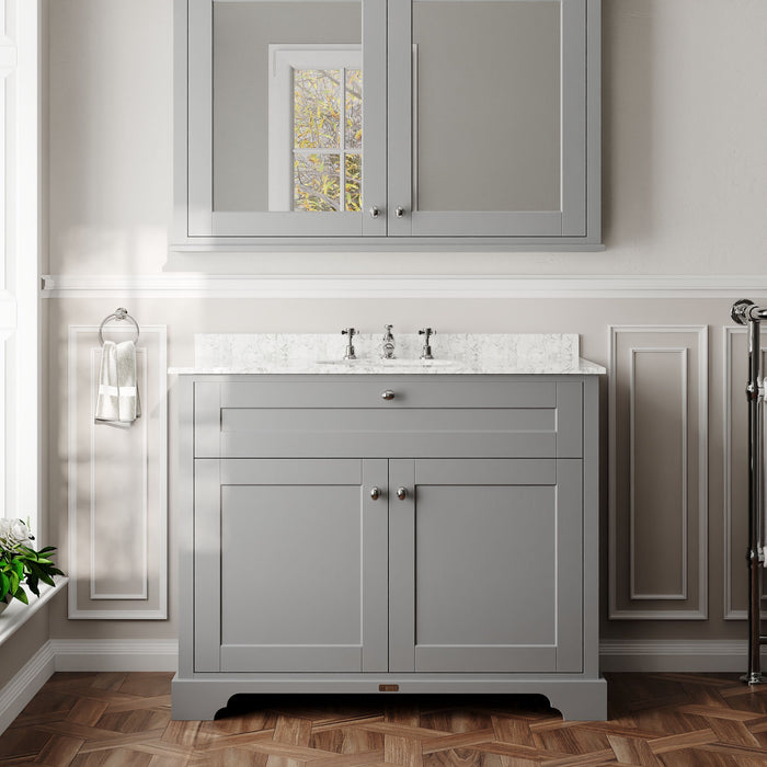 Old London 1000mm Storm Grey 2 Door Floor Standing Cabinet With 3 Tap Holes Marble Basin