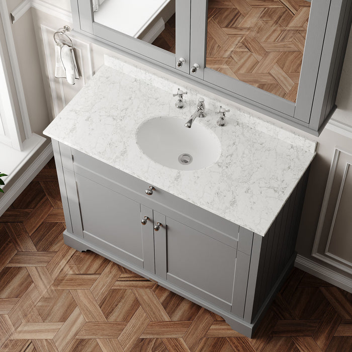Old London 1000mm Storm Grey 2 Door Floor Standing Cabinet With 3 Tap Holes Marble Basin