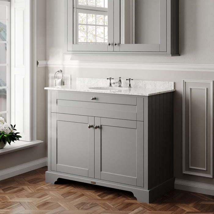 Old London 1000mm Storm Grey 2 Door Floor Standing Cabinet With 3 Tap Holes Marble Basin