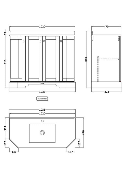 Old London 1000mm Storm Grey 4 Door Floor Standing Angled Vanity Unit With 1 Tap Hole Marble Basin