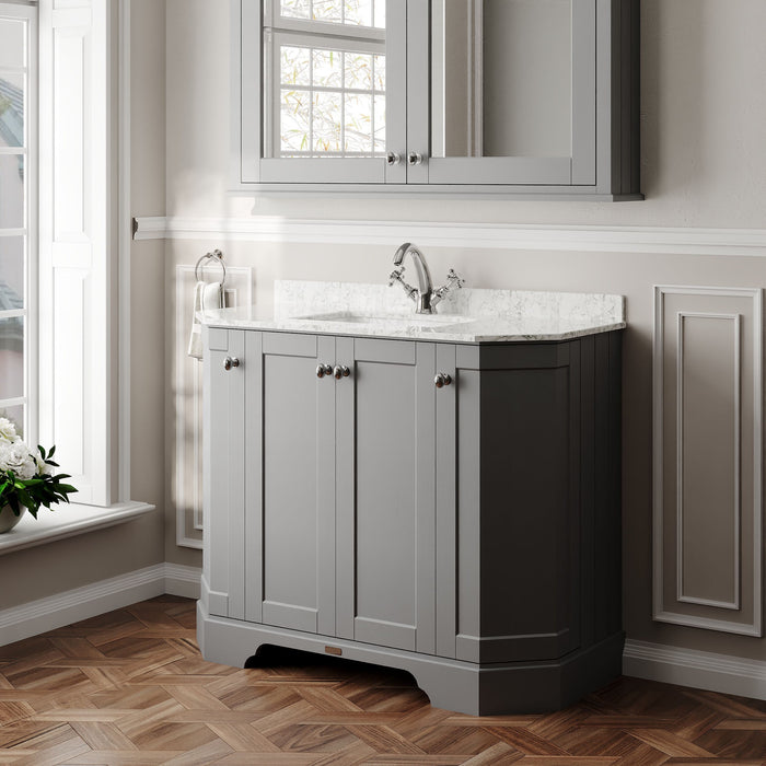 Old London 1000mm Storm Grey 4 Door Floor Standing Angled Vanity Unit With 1 Tap Hole Marble Basin