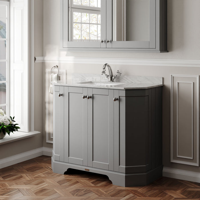 Old London 1000mm Storm Grey 4 Door Floor Standing Angled Vanity Unit With 1 Tap Hole Marble Basin