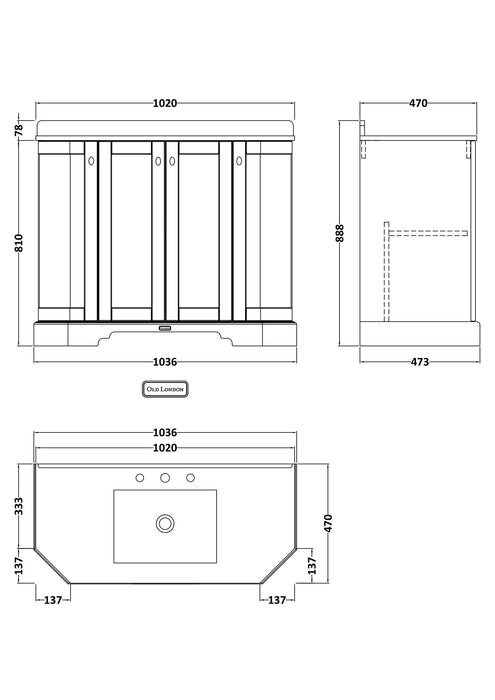 Old London 1000mm Storm Grey 4 Door Floor Standing Angled Vanity Unit With 3 Tap Holes Marble Basin