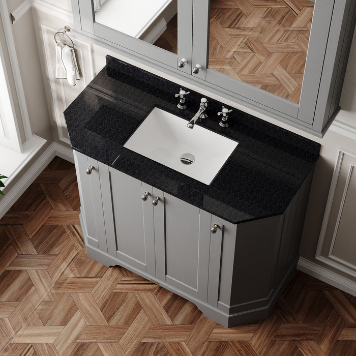 Old London 1000mm Storm Grey 4 Door Floor Standing Angled Vanity Unit With 3 Tap Holes Marble Basin