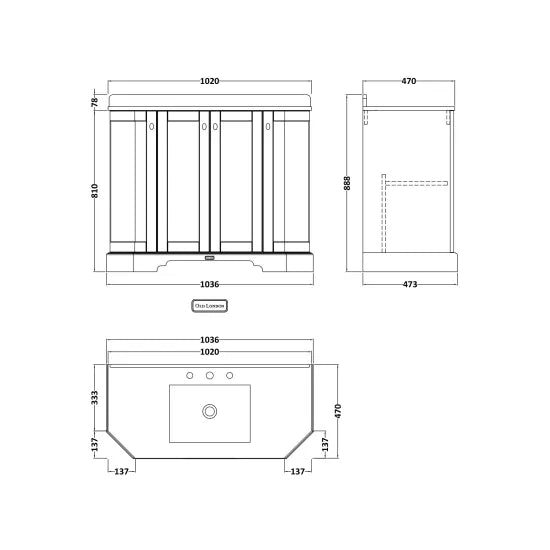 Old London 1000mm Storm Grey 4 Door Floor Standing Angled Vanity Unit With 3 Tap Holes Marble Basin