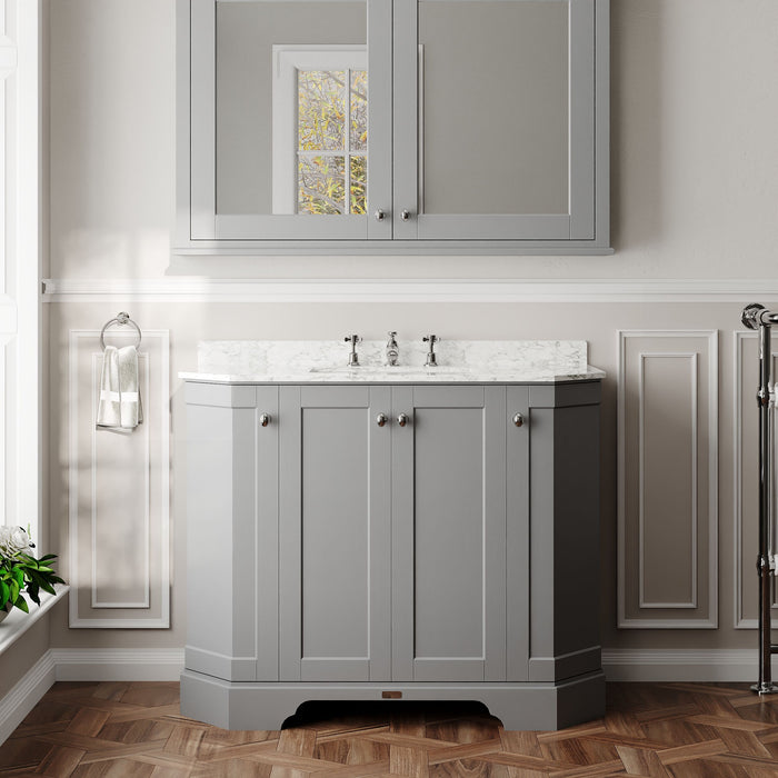 Old London 1000mm Storm Grey 4 Door Floor Standing Angled Vanity Unit With 3 Tap Holes Marble Basin