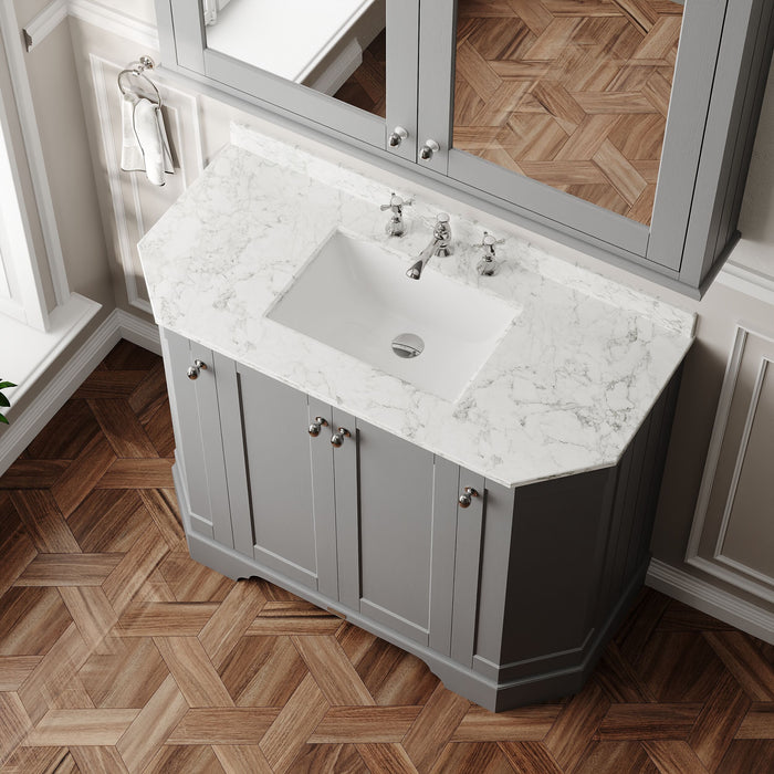 Old London 1000mm Storm Grey 4 Door Floor Standing Angled Vanity Unit With 3 Tap Holes Marble Basin