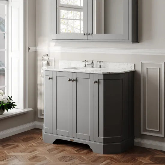Old London 1000mm Storm Grey 4 Door Floor Standing Angled Vanity Unit With 3 Tap Holes Marble Basin