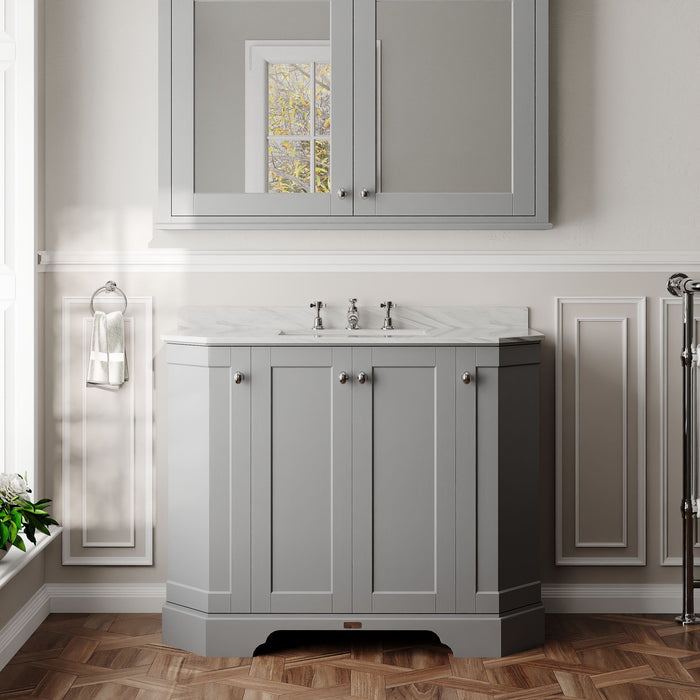Old London 1000mm Storm Grey 4 Door Floor Standing Angled Vanity Unit With 3 Tap Holes Marble Basin