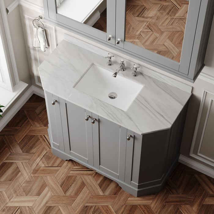 Old London 1000mm Storm Grey 4 Door Floor Standing Angled Vanity Unit With 3 Tap Holes Marble Basin