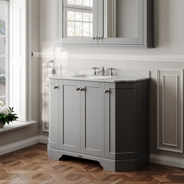 Old London 1000mm Storm Grey 4 Door Floor Standing Angled Vanity Unit With 3 Tap Holes Marble Basin