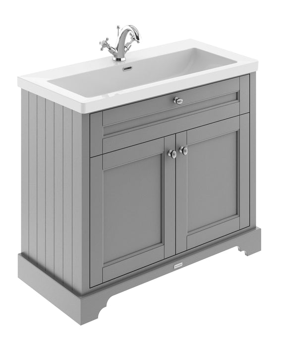 Old London 1000mm Storm Grey 2 Door Floor Standing Vanity Unit With 1 Tap Hole Fireclay Basin
