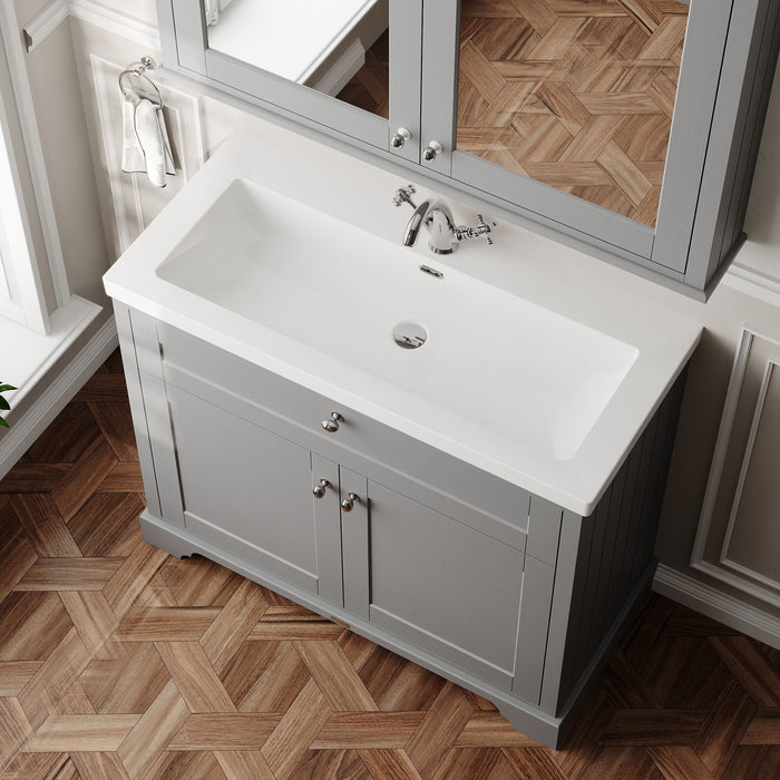 Old London 1000mm Storm Grey 2 Door Floor Standing Vanity Unit With 1 Tap Hole Fireclay Basin