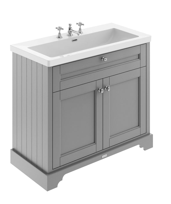Old London 1000mm Storm Grey 2 Door Floor Standing Vanity Unit With 3 Tap Holes Fireclay Basin