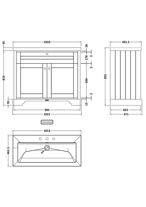 Old London 1000mm Storm Grey 2 Door Floor Standing Vanity Unit With 3 Tap Holes Fireclay Basin
