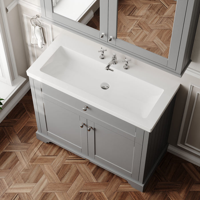 Old London 1000mm Storm Grey 2 Door Floor Standing Vanity Unit With 3 Tap Holes Fireclay Basin