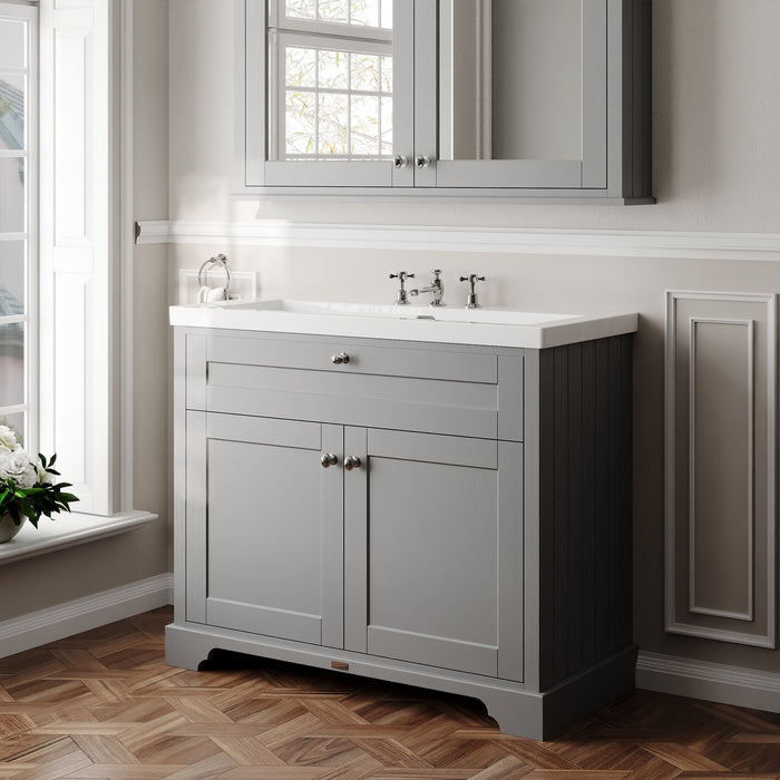 Old London 1000mm Storm Grey 2 Door Floor Standing Vanity Unit With 3 Tap Holes Fireclay Basin