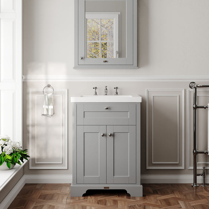 Old London 600mm Storm Grey 2 Door Floor Standing Vanity Unit With 3 Tap Holes Fireclay Basin