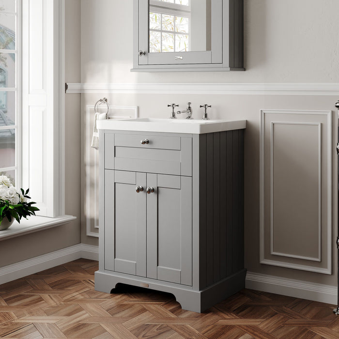 Old London 600mm Storm Grey 2 Door Floor Standing Vanity Unit With 3 Tap Holes Fireclay Basin