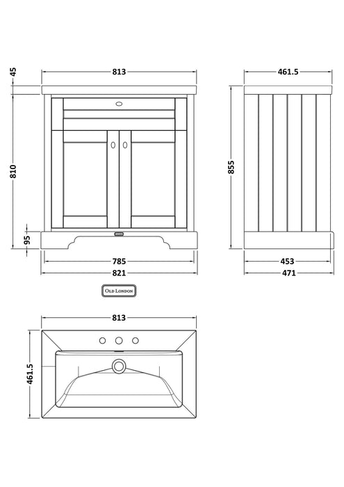 Old London 800mm Storm Grey 2 Door Floor Standing Vanity Unit With 3 Tap Holes Fireclay Basin