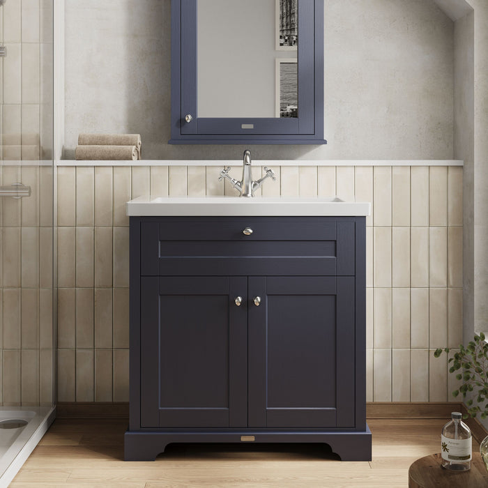 Old London 800mm Twilight Blue 2 Door Floor Standing Vanity Unit With 1 Tap Hole Fireclay Basin