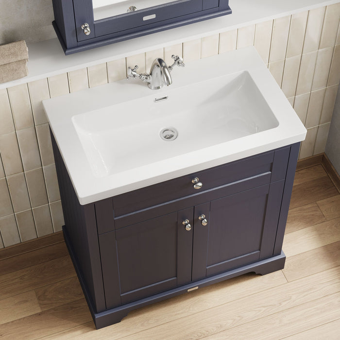 Old London 800mm Twilight Blue 2 Door Floor Standing Vanity Unit With 1 Tap Hole Fireclay Basin