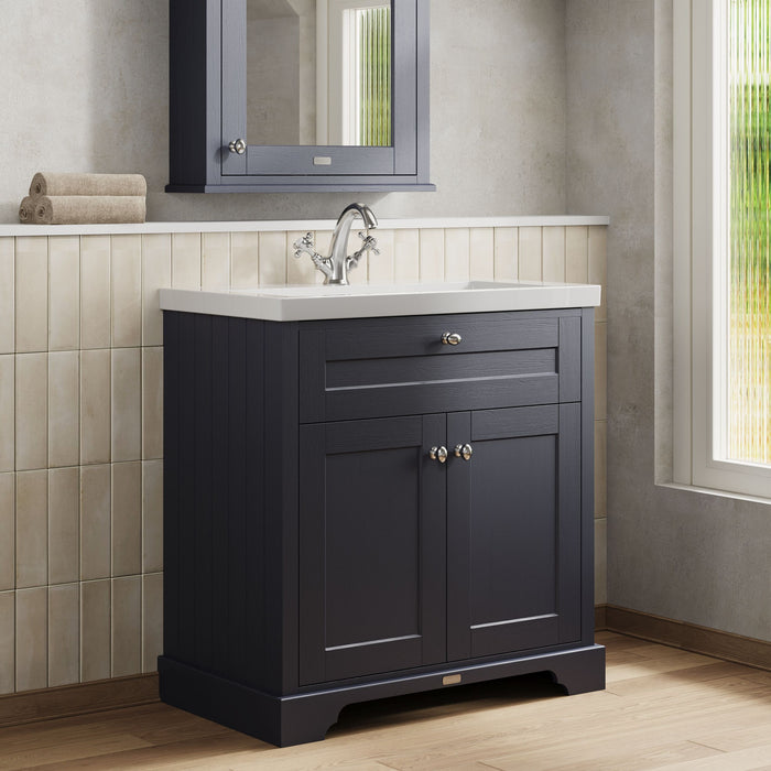 Old London 800mm Twilight Blue 2 Door Floor Standing Vanity Unit With 1 Tap Hole Fireclay Basin