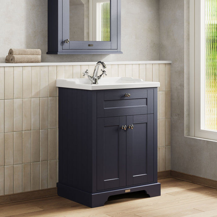 Old London 600mm Twilight Blue 2 Door Floor Standing Cabinet With 1 Tap Hole Basin