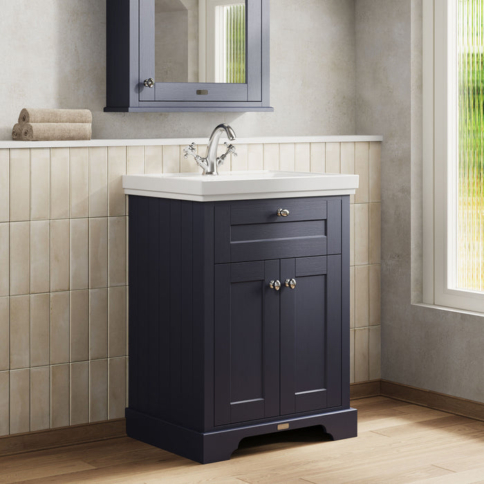 Old London 600mm Twilight Blue 2 Door Floor Standing Vanity Unit With 1 Tap Hole Basin