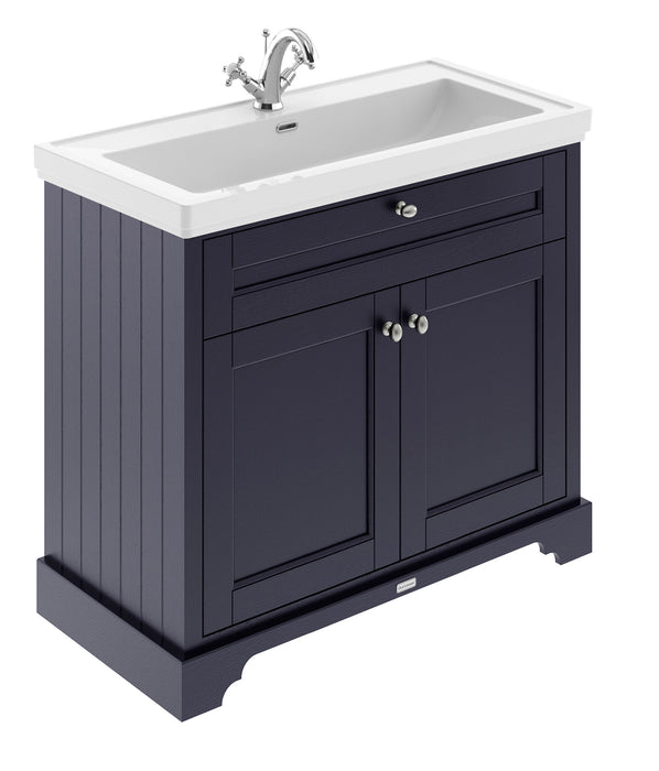 Old London 1000mm Twilight Blue 2 Door Floor Standing Vanity Unit With 1 Tap Hole Fireclay Basin