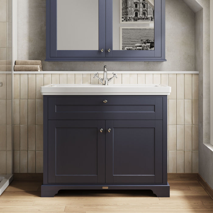 Old London 1000mm Twilight Blue 2 Door Floor Standing Vanity Unit With 1 Tap Hole Fireclay Basin