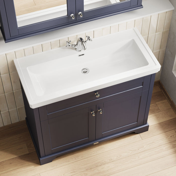 Old London 1000mm Twilight Blue 2 Door Floor Standing Vanity Unit With 1 Tap Hole Fireclay Basin
