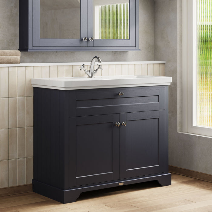 Old London 1000mm Twilight Blue 2 Door Floor Standing Vanity Unit With 1 Tap Hole Fireclay Basin