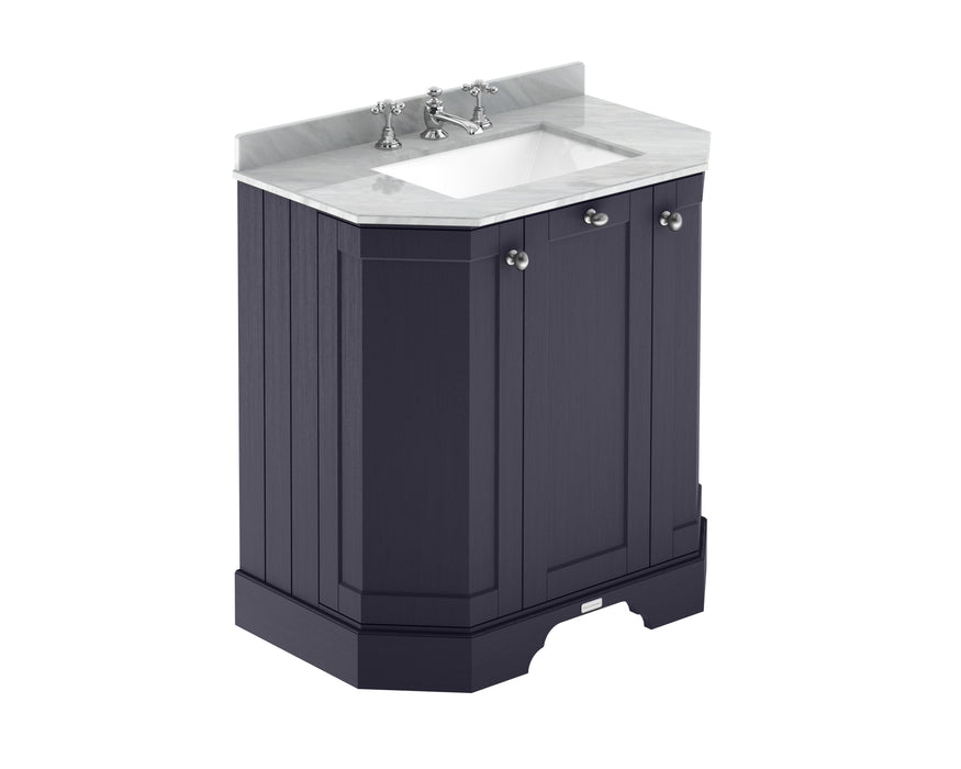 Old London 750mm Twilight Blue 3 Door Floor Standing Angled Vanity Unit With 3 Tap Holes Marble Basin