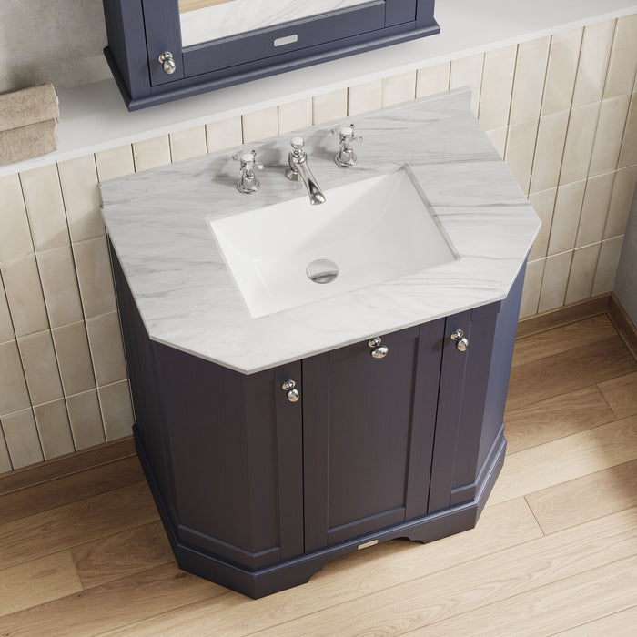 Old London 750mm Twilight Blue 3 Door Floor Standing Angled Vanity Unit With 3 Tap Holes Marble Basin