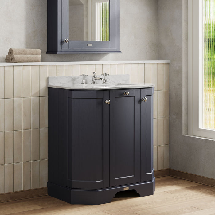 Old London 750mm Twilight Blue 3 Door Floor Standing Angled Vanity Unit With 3 Tap Holes Marble Basin