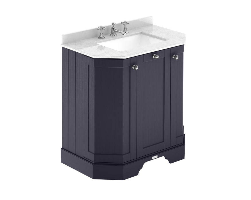 Old London 750mm Twilight Blue 3 Door Floor Standing Angled Vanity Unit With 3 Tap Holes Marble Basin