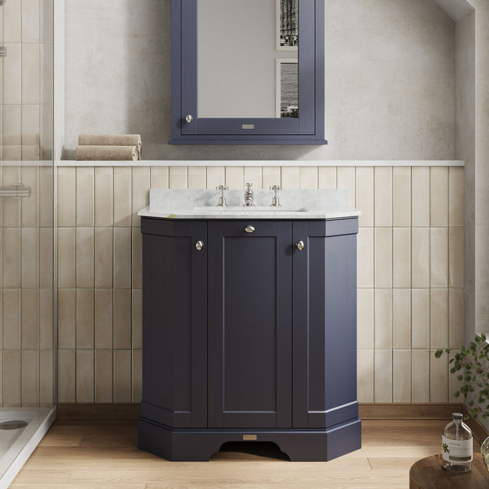 Old London 750mm Twilight Blue 3 Door Floor Standing Angled Vanity Unit With 3 Tap Holes Marble Basin