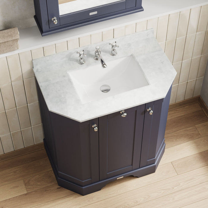 Old London 750mm Twilight Blue 3 Door Floor Standing Angled Vanity Unit With 3 Tap Holes Marble Basin